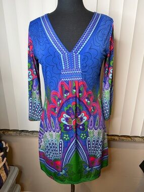 Adore Blue Paisley Peacock Resort Style Dress Size Medium